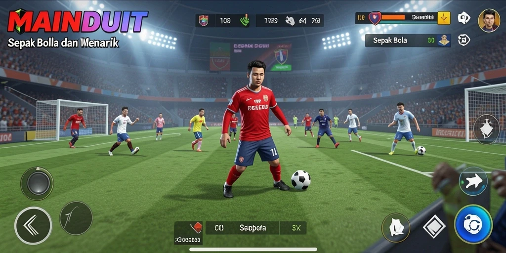 Antarmuka permainan MAINDUIT menampilkan lapangan sepak bola yang menarik dan interaktif.